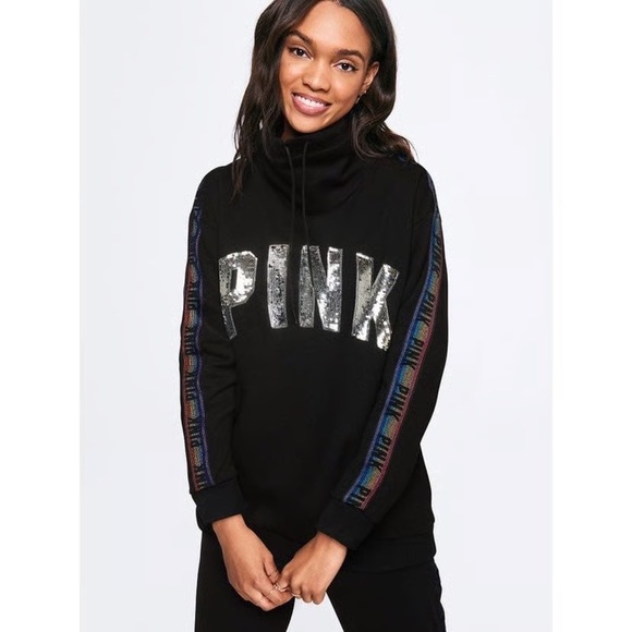 PINK Victoria's Secret Tops - PINK Sequins Bling Rainbow University Cowl Neck Sweatshirt